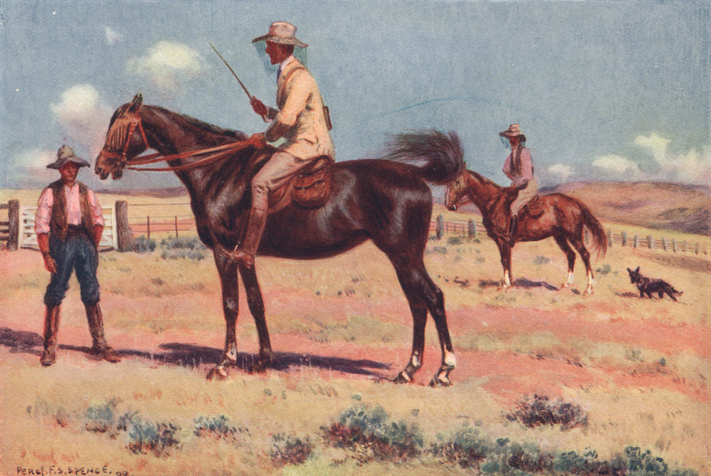 'The Squatter - a morning inspection' by Percy Spence. Australia 1910 print